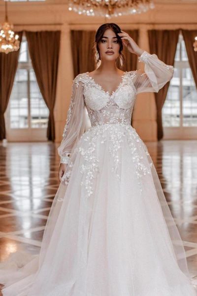 A-line V-neck Long Sleeves Chapel Train Tulle Wedding Dress With Appliques