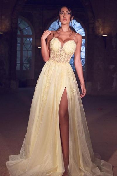 A-line Spaghetti Straps Sleeveless Floor-length Tulle Evening Dress With Lace