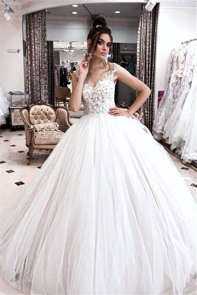 Ball Gown Spaghetti Straps Sleeveless Floor-length Tulle Bridal Dress With Appliques
