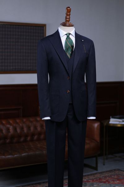 Navy Blue Striped Slim Fit Bespoke Business Suit For Men