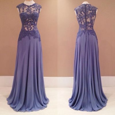 A-line Jewel Neck Sleeveless Sweep / Brush Train 100D Chiffon Evening Gown With Lace