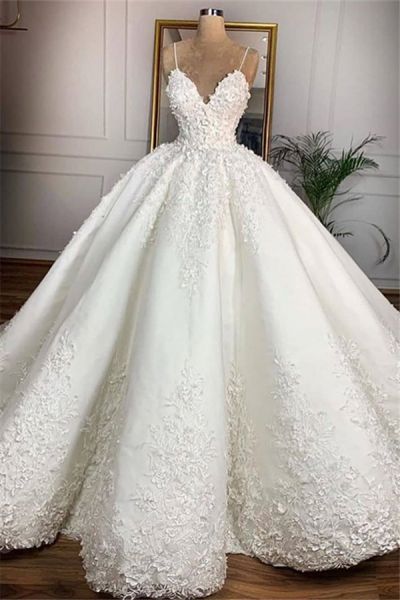 Ball Gown Spaghetti Straps Sleeveless Floor-length Bridal Gown With Appliques