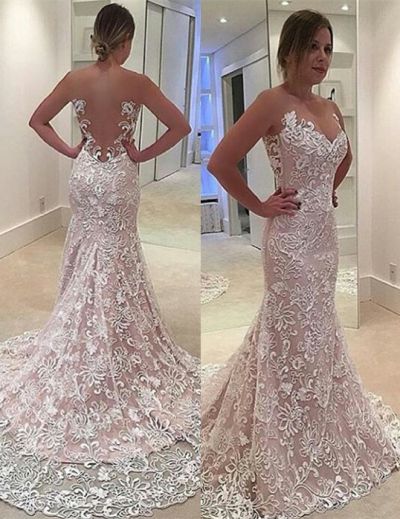 Sleeveless Mermaid Lace Evening Dress with Court Train
