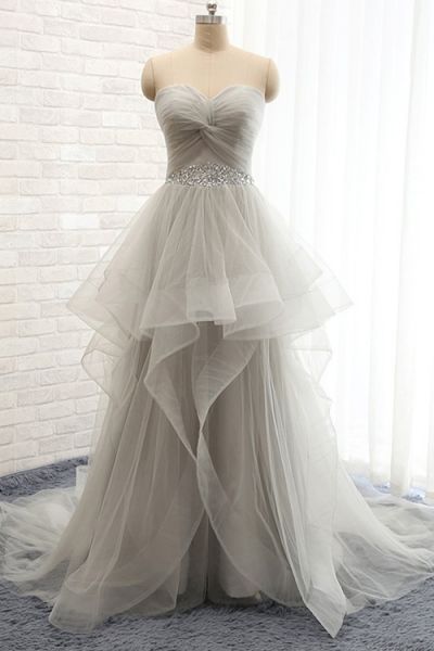 A-line Sweetheart Neck Sleeveless Court Train Organza Evening Dress With Beading