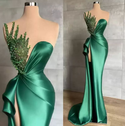 Mermaid Illusion Sleeveless Floor-length Stretch Satin Evening Dress With Ruffles
