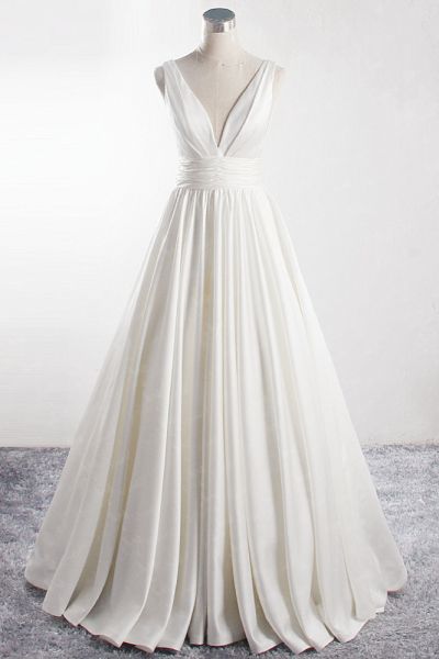 A-line V-neck Sleeveless Floor-length Satin Bridal Attire With Ruffles