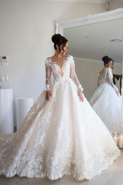 A-line Sweetheart Neck Long Sleeves Chapel Train Lace Wedding Gown With Lace