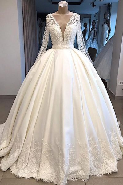 Ball Gown V-neck Court Train Satin Bridal Dress With Beading