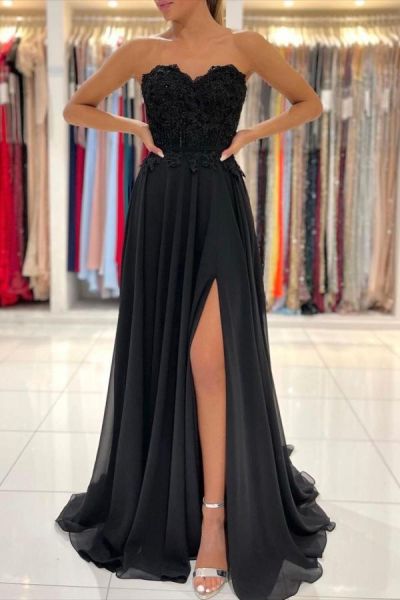 A-line Strapless Sleeveless Floor-length 100D Chiffon Formal Wear With Lace