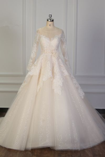 Ball Gown Jewel Neck Long Sleeves Floor-length Tulle Bridal Gown With Appliques