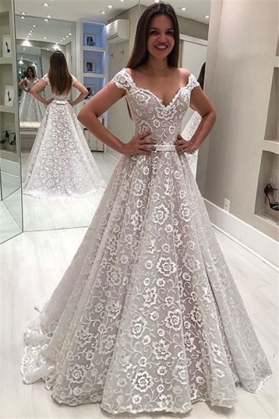 A-line Off-the-shoulder Sleeveless Sweep / Brush Train Wedding Gown With Ribbons