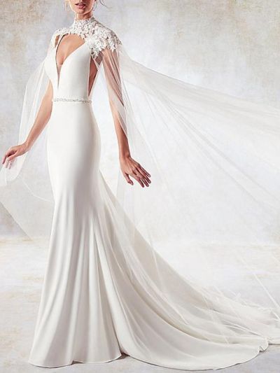 Mermaid V-neck Sleeveless Court Train Bridal Gown With Ribbons