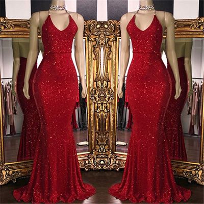 Mermaid Halter-neck Sleeveless Sweep / Brush Train Evening Dress With Sequins