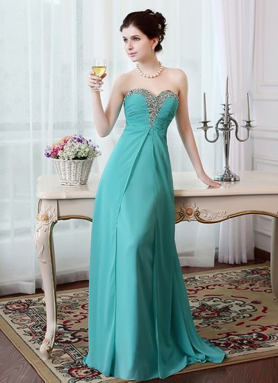A-line Sweetheart Neck Sleeveless Floor-length 100D Chiffon Evening Gown With Beading