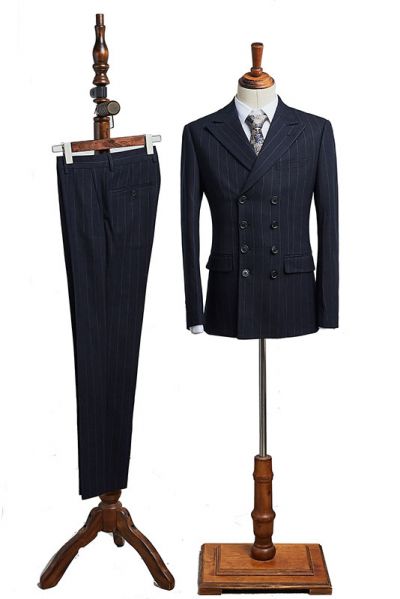 All Black Striped Double Breasted Business Suit