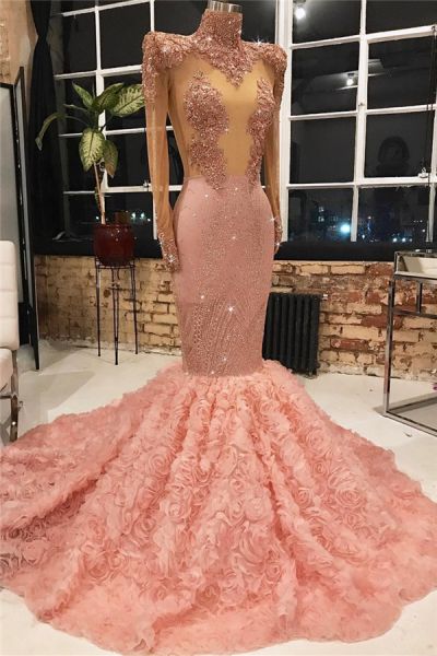Mermaid High Neck Long Sleeves Court Train Formal Dress With Appliques