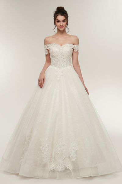 Off-the-shoulder Cap Sleeves Floor-length Lace Wedding Dress With Lace