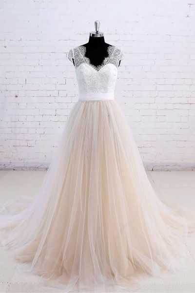 A-line V-neck Short Sleeves Court Train Tulle Wedding Gown With Ribbons