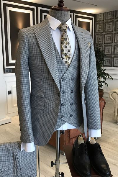 Black Small Plaid Single Breasted Business Suit