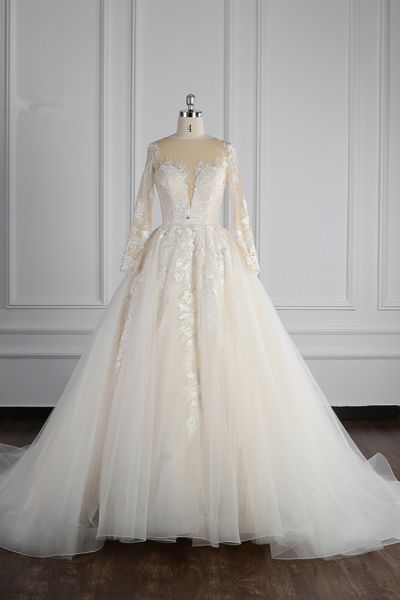 A-line Jewel Neck Long Sleeves Floor-length Tulle Bridal Gown With Beading