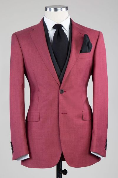 Rose Red Three Pieces Wedding Suit with Notched Lapel