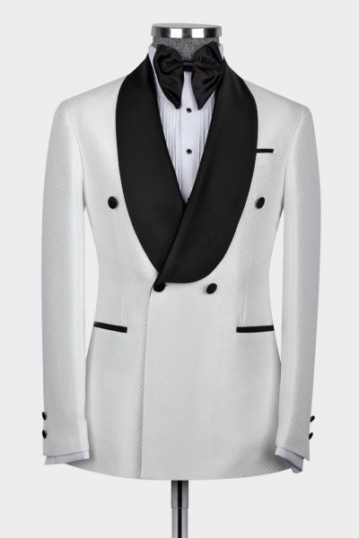 White Double Breasted Wedding Suit with Black Shawl Lapel