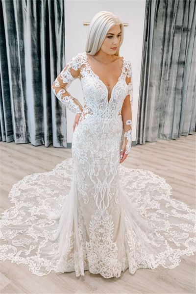 Mermaid V-neck Sweep / Brush Train Wedding Gown With Lace