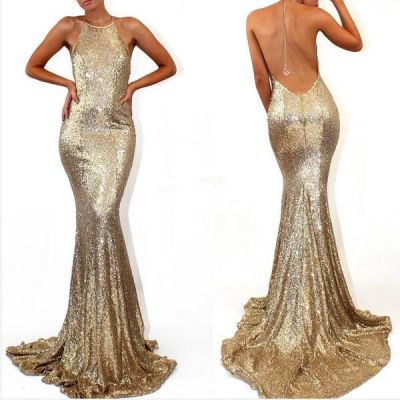 Mermaid Halter-neck Sleeveless Sweep / Brush Train Formal Dress With Sequins