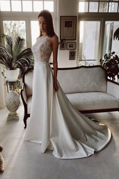 A-line Jewel Neck Sleeveless Court Train Satin Wedding Gown With Lace