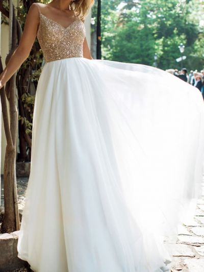 A-line V-neck Sleeveless Sweep / Brush Train Tulle Wedding Gown With Lace