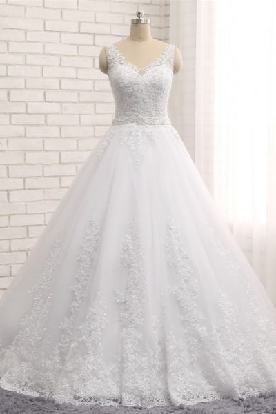 A-line Straps V-neck Sleeveless Court Train Tulle Wedding Dress With Appliques
