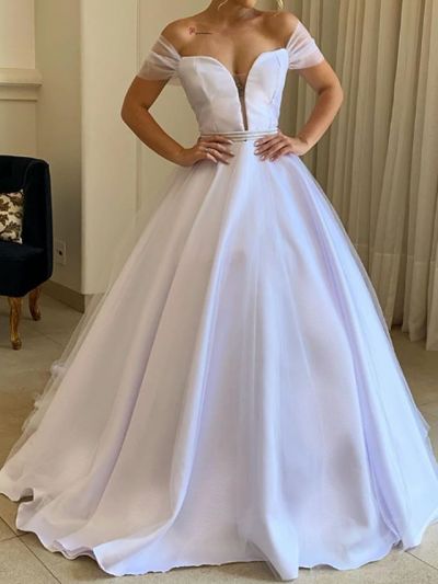 A-line Short Sleeves Tulle Bridal Gown With Sweep / Brush Train