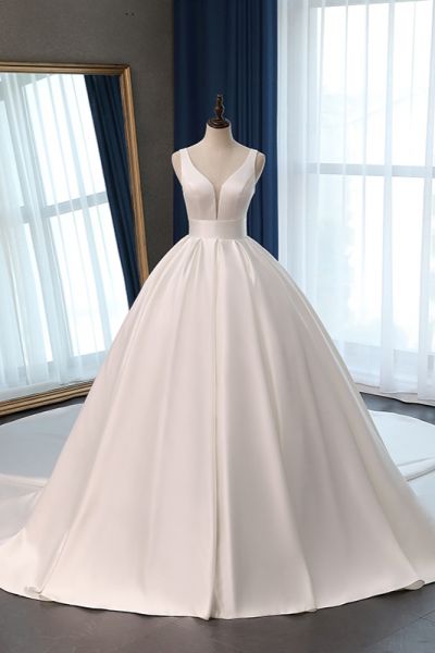Ball Gown Plunging Neckline Sleeveless Floor-length Satin Wedding Dress With Ruffles