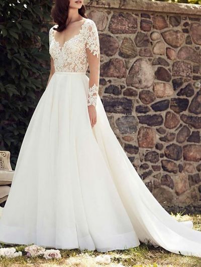 A-line V-neck Long Sleeves Court Train Lace Bridal Gown With Lace