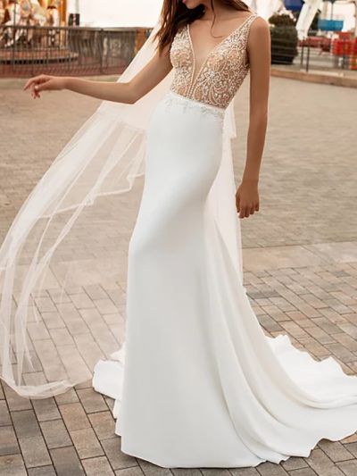 Mermaid Straps V-neck Court Train Tulle Wedding Gown With Beading