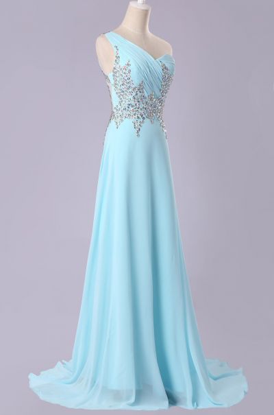A-line One Shoulder Sleeveless Sweep / Brush Train 100D Chiffon Evening Gown With Crystal