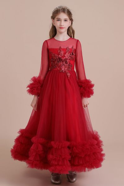 A-line Jewel Neck Long Sleeves Ankle-length Tulle Flower Girl Dress With Cascading Ruffle