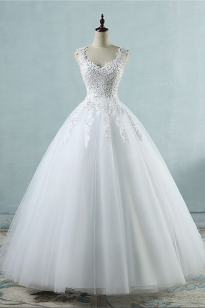 A-line V-neck Sleeveless Floor-length Tulle Bridal Dress With Appliques