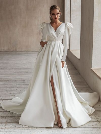 A-line V-neck Long Sleeves Floor-length Bridal Dress