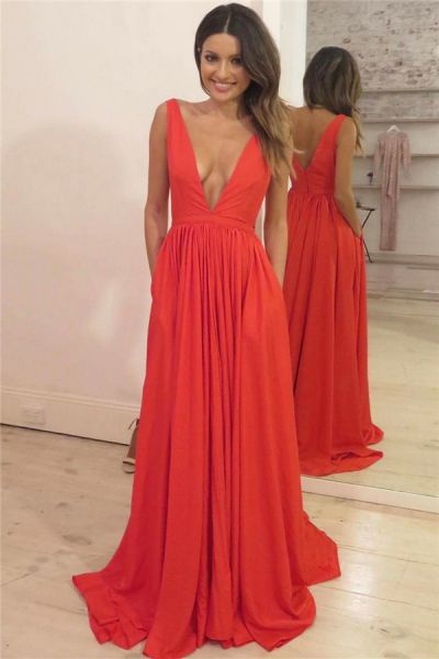 A-line Plunging Neckline Sleeveless Wedding Guest Dress With Sweep / Brush Train