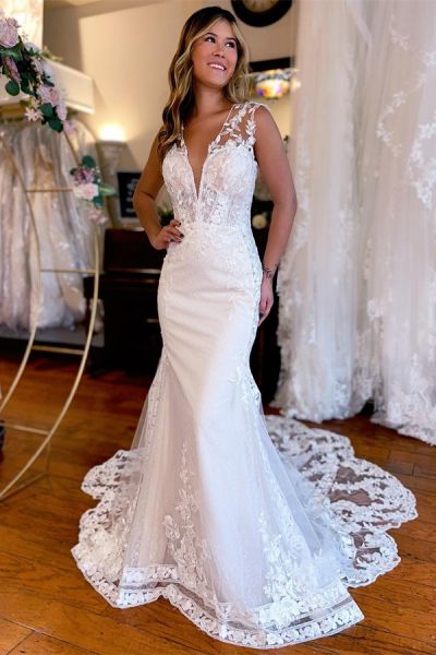 Mermaid Sweetheart Neck V-neck Sleeveless Sweep / Brush Train Lace Wedding Gown With Ruffles