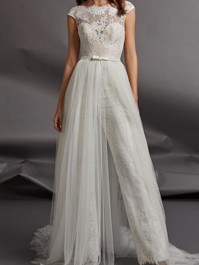 Cap Sleeves Detachable Train Tulle Bridal Gown With Ribbons