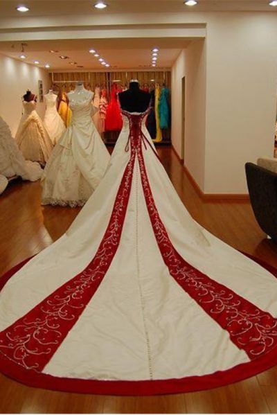 A-line Sweetheart Neck Sleeveless Cathedral Train Satin Wedding Gown With Embroidery