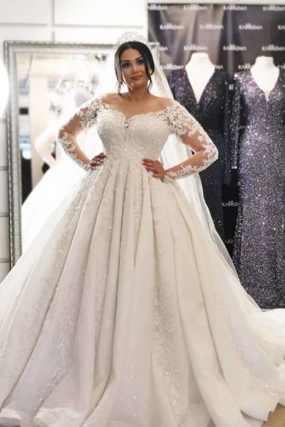 A-line Jewel Neck Long Sleeves Chapel Train Tulle Wedding Dress With Lace
