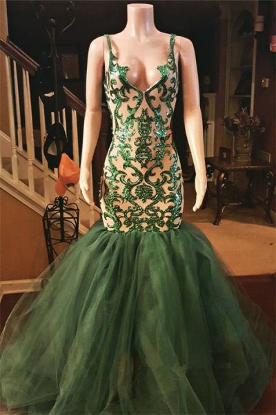 Mermaid Spaghetti Straps Sleeveless Sweep / Brush Train Tulle Evening Dress With Appliques