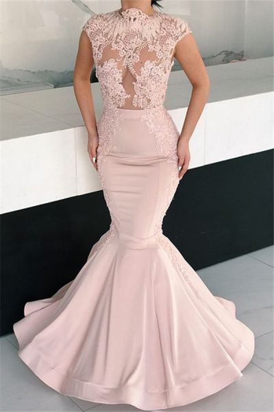 Mermaid High Neck Sleeveless Floor-length Stretch Satin Evening Dress With Lace