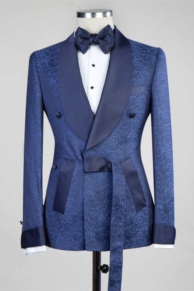 Dark Navy Double Breasted Men's Suit with Shawl Lapel for Wedding