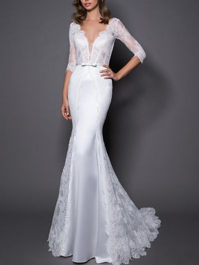 Mermaid V-neck Sweep / Brush Train Lace Bridal Dress With Lace