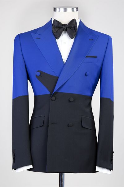 Blue And Black Double Breasted Peaked Lapel Prom Men Suit