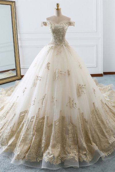 Ball Gown Off-the-shoulder Sweetheart Neck Sleeveless Floor-length Tulle Bridal Dress With Appliques